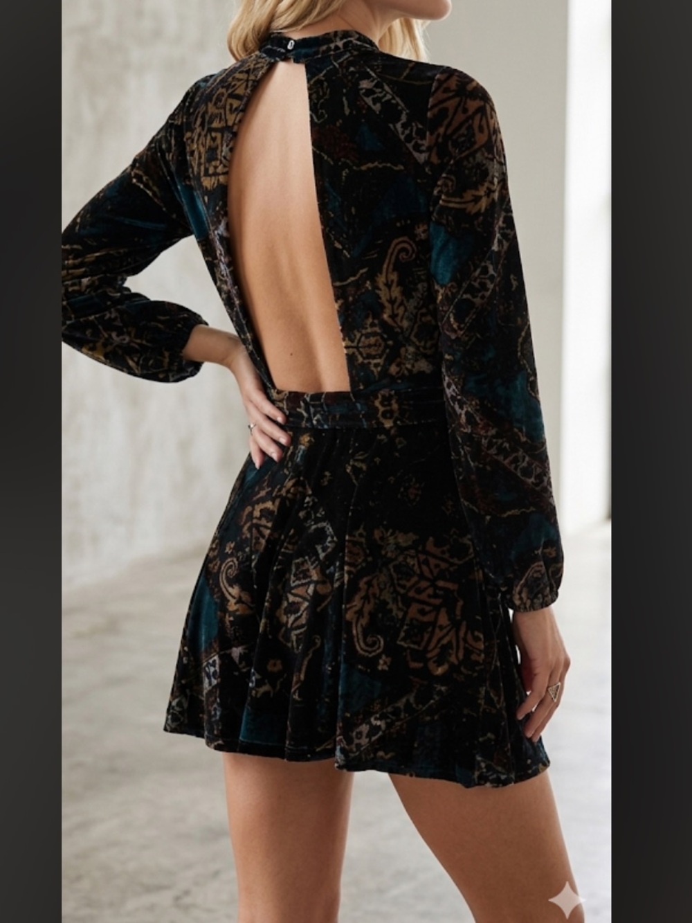 Free People Velvet Romper Size 12 Open Back Abstract Print Skort Flare